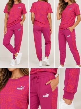 Puma Pink Essentials Paisley Matching T-Shirt & Jogger Sweatpants Set XS/S